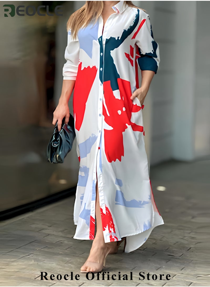 Shirt Long Dress Button Down Up Dress for Women Casual Long Sleeve Maxi Spring Summer Dresses with Sleeve Tab Pocket Collar