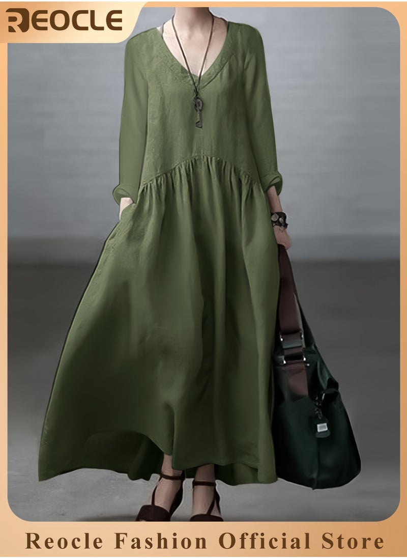 Women's Spring and Autumn Fashionable Long Sleeve Elegant Tank Top Women's Casual Solid Color Loose Long Dress Women's Long Kaftan Bohemian Dress Plus Size Robe