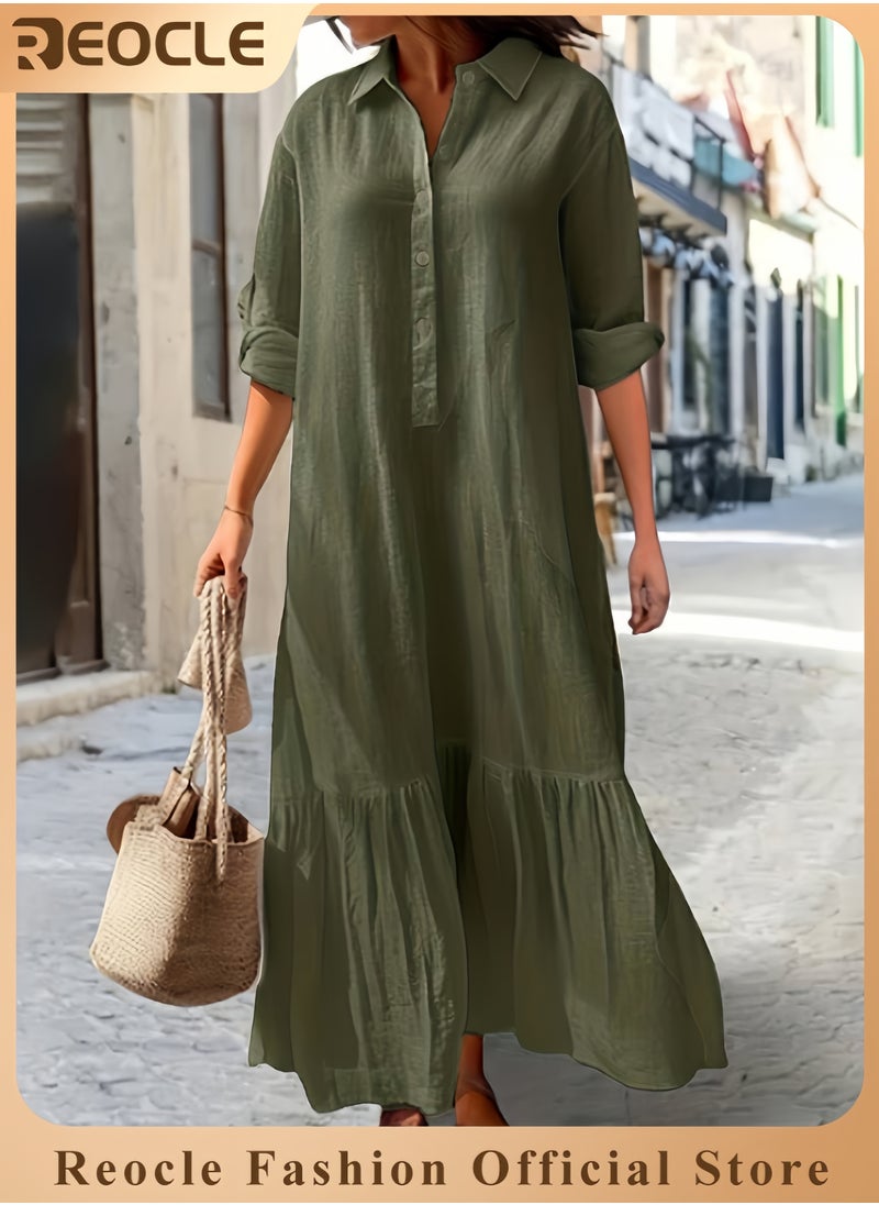 Women Button Down Dress Casual Long Sleeve Cotton Linen Dress Flowy Ruffle Shirt Dresses Loose and Comfortable Long Dress