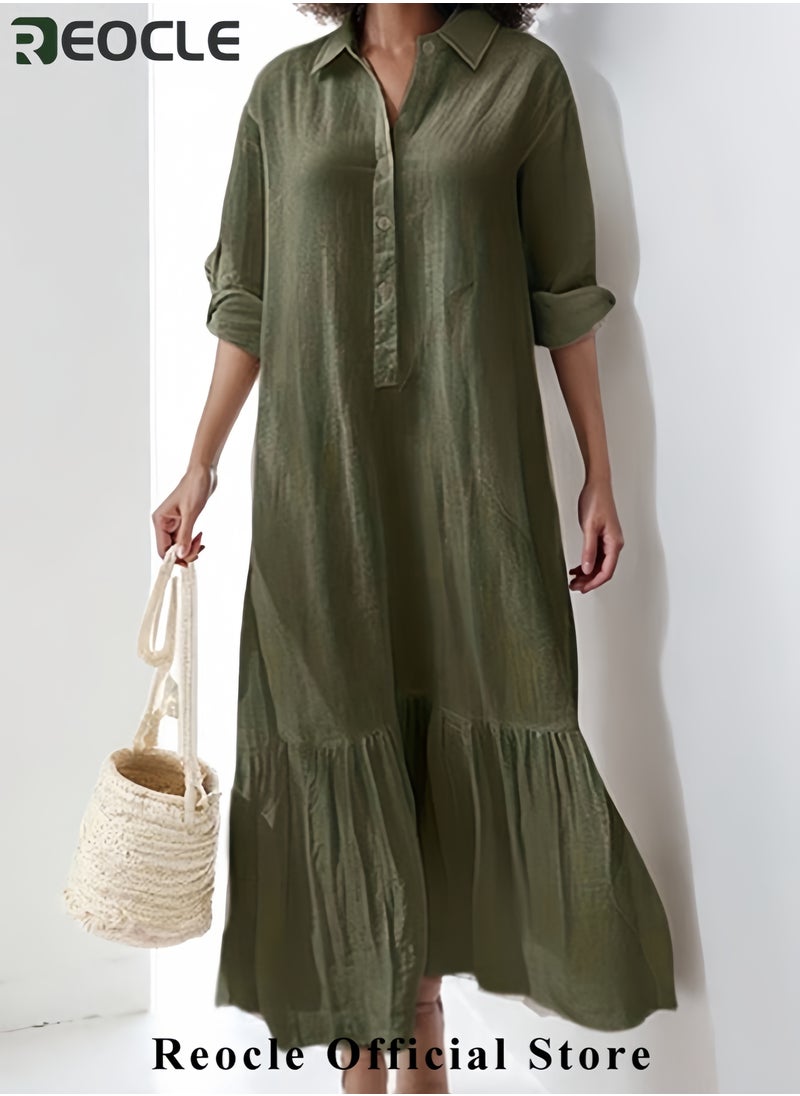 Women Button Down Dress Casual Long Sleeve Cotton Linen Dress Flowy Ruffle Shirt Dresses Loose and Comfortable Long Dress