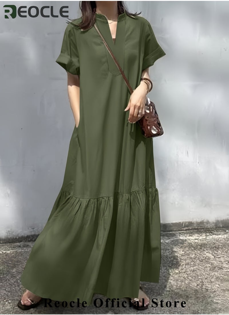 Women Button Down Dress Casual Long Sleeve Cotton Linen Dress Flowy Ruffle Shirt Dresses Loose and Comfortable Long Dress