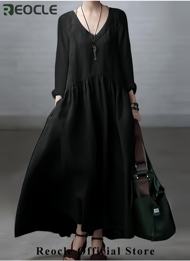 Women's Spring and Autumn Fashionable Long Sleeve Elegant Tank Top Women's Casual Solid Color Loose Long Dress Women's Long Kaftan Bohemian Dress Plus Size Robe