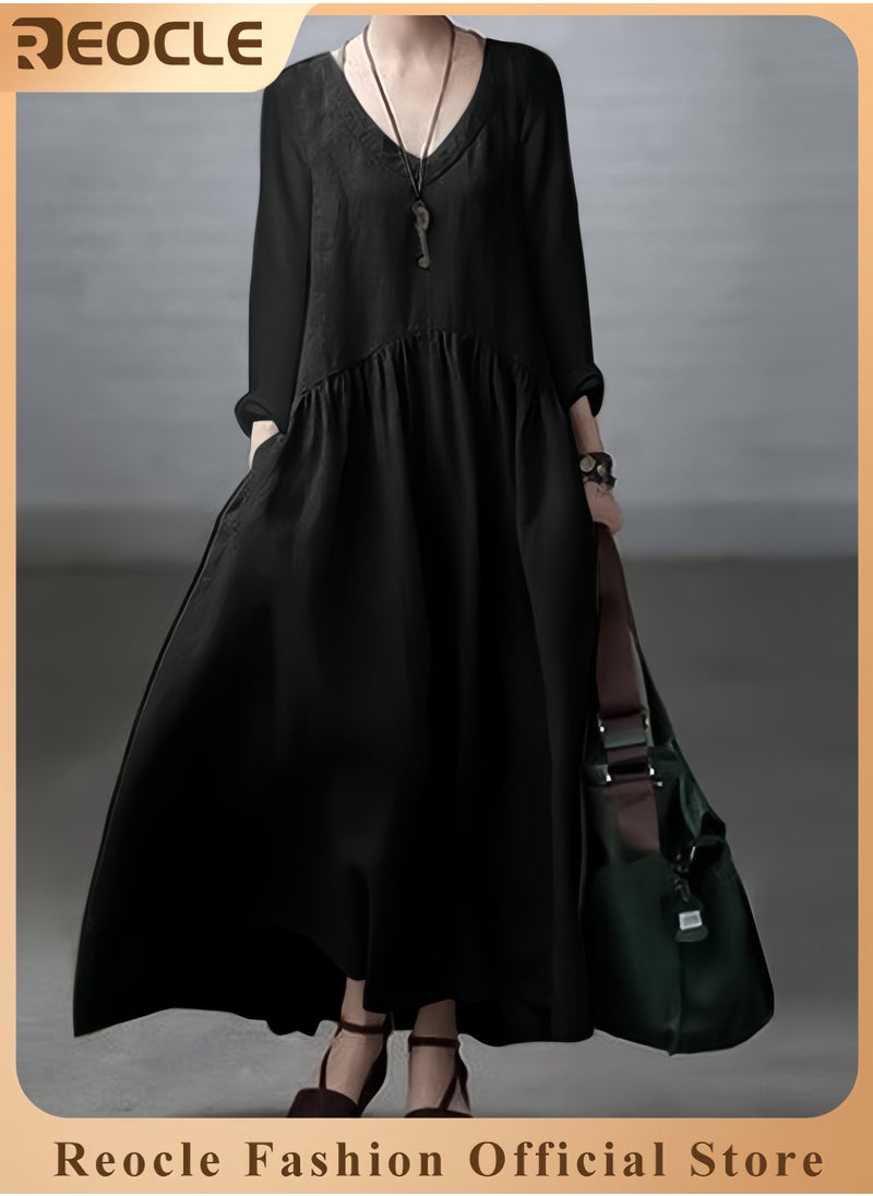 Women's Spring and Autumn Fashionable Long Sleeve Elegant Tank Top Women's Casual Solid Color Loose Long Dress Women's Long Kaftan Bohemian Dress Plus Size Robe