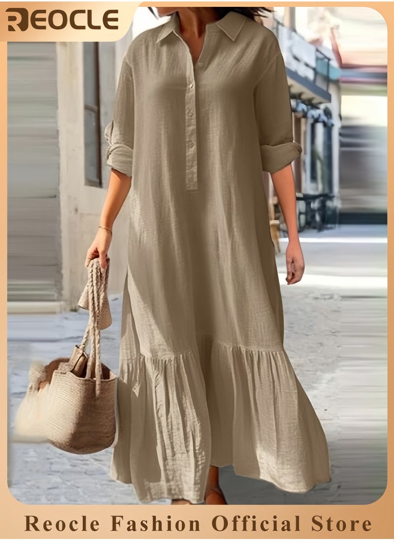 Women Button Down Dress Casual Long Sleeve Cotton Linen Dress Flowy Ruffle Shirt Dresses Loose and Comfortable Long Dress