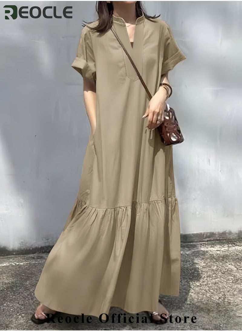Women Button Down Dress Casual Long Sleeve Cotton Linen Dress Flowy Ruffle Shirt Dresses Loose and Comfortable Long Dress