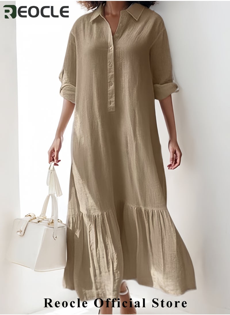 Women Button Down Dress Casual Long Sleeve Cotton Linen Dress Flowy Ruffle Shirt Dresses Loose and Comfortable Long Dress