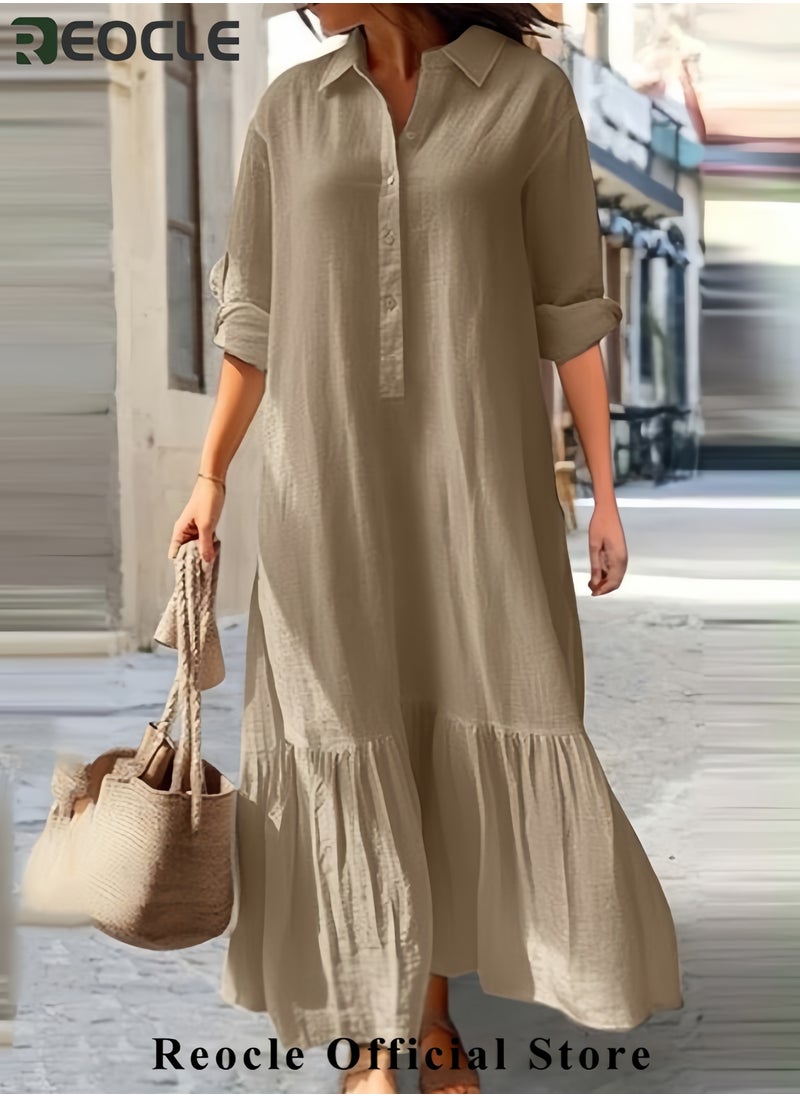 Women Button Down Dress Casual Long Sleeve Cotton Linen Dress Flowy Ruffle Shirt Dresses Loose and Comfortable Long Dress