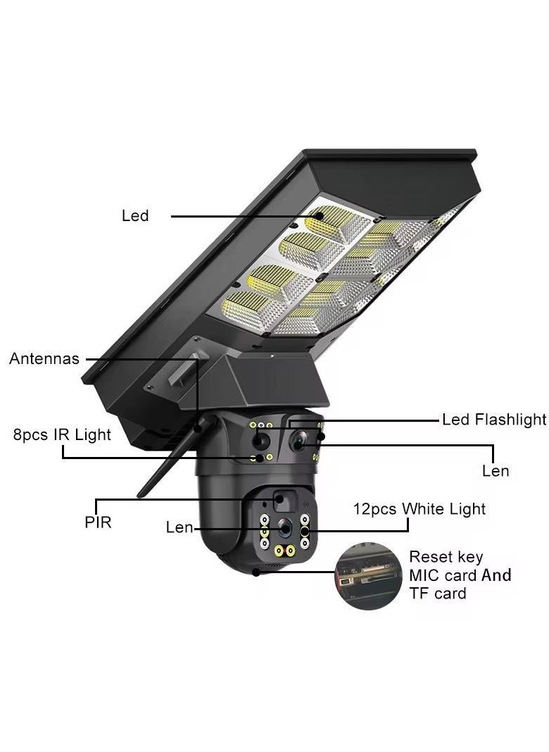 8MP Solar Streetlight Dual Lens Camera – 4G Smart Security Light with HD 3MP Surveillance, IP65 Waterproof, Motion Tracking, Night Vision, Voice Intercom, APP Remote Control for Outdoor Parking/Streets