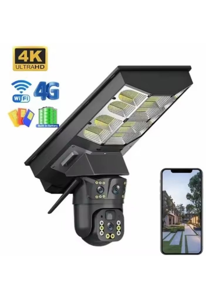 8MP Solar Streetlight Dual Lens Camera – 4G Smart Security Light with HD 3MP Surveillance, IP65 Waterproof, Motion Tracking, Night Vision, Voice Intercom, APP Remote Control for Outdoor Parking/Streets