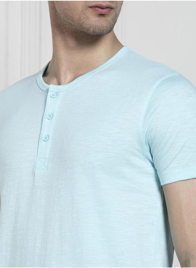 Men's Light Blue 100% Cotton Solid Regular Fit T-Shirt