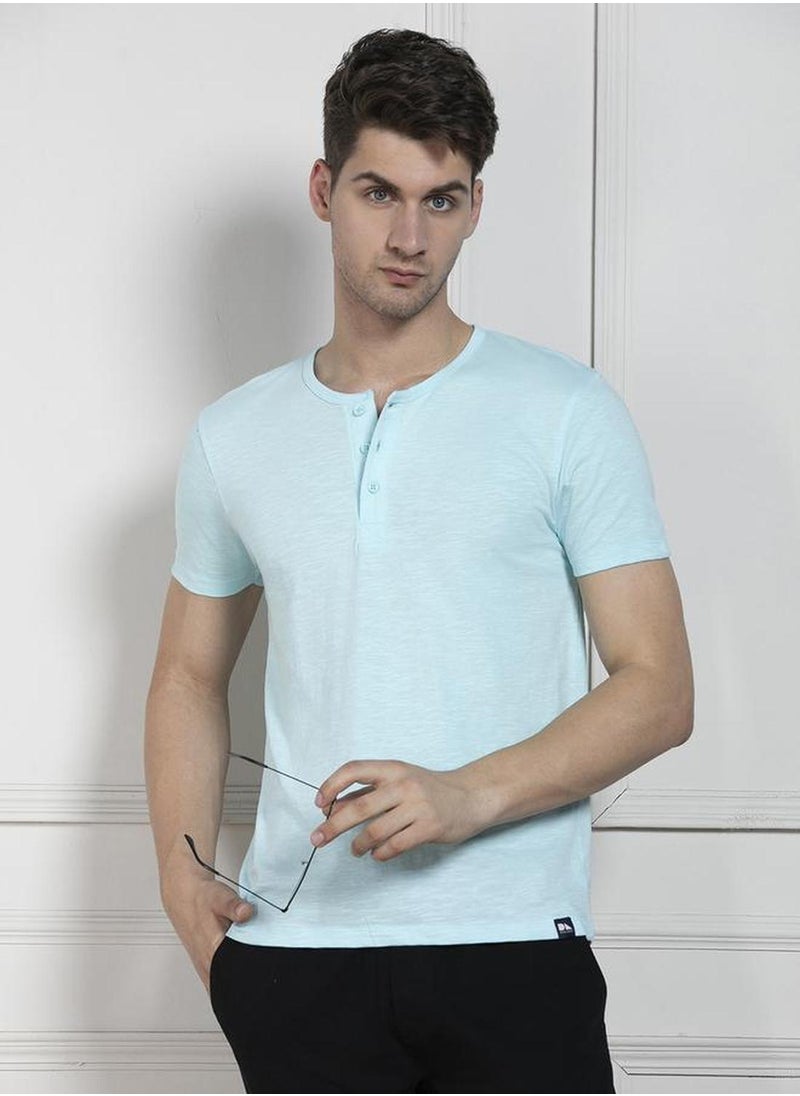 Men's Light Blue 100% Cotton Solid Regular Fit T-Shirt