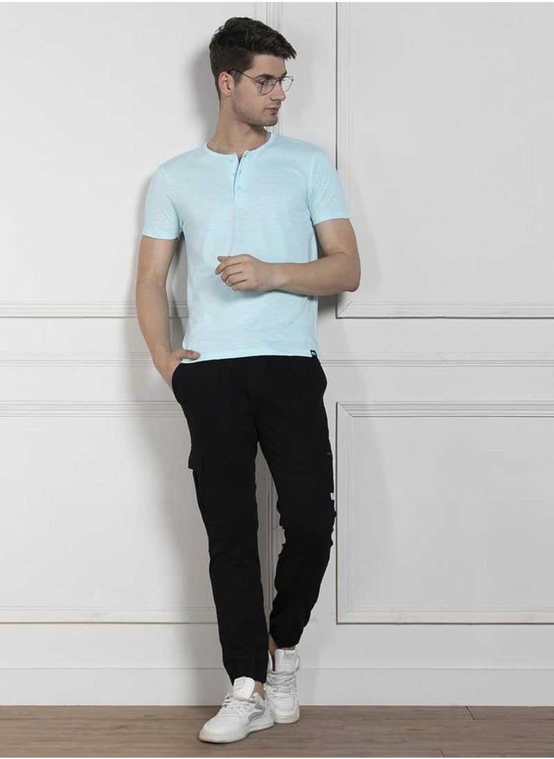 Men's Light Blue 100% Cotton Solid Regular Fit T-Shirt