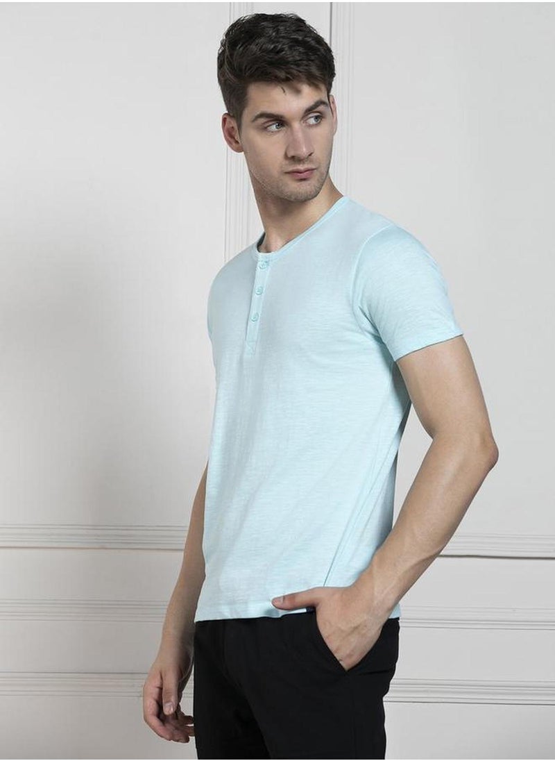 Men's Light Blue 100% Cotton Solid Regular Fit T-Shirt