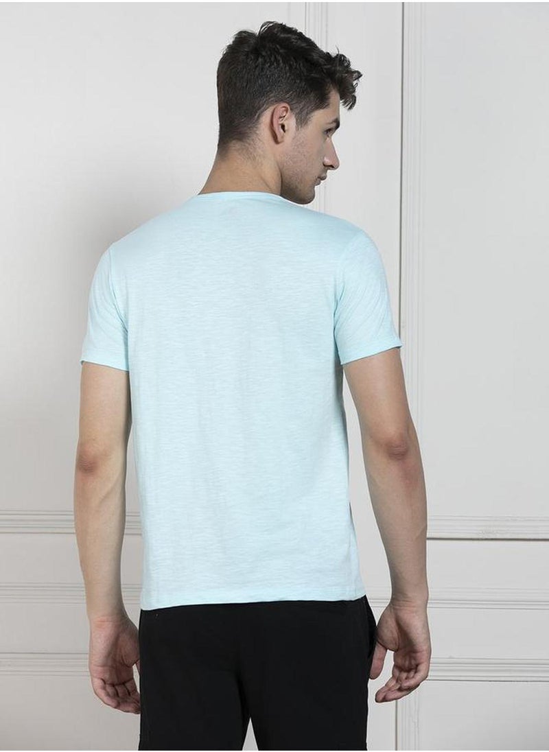 Men's Light Blue 100% Cotton Solid Regular Fit T-Shirt