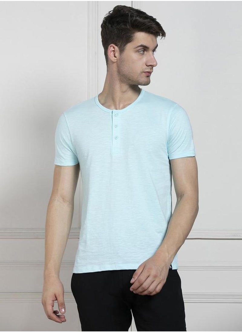 Men's Light Blue 100% Cotton Solid Regular Fit T-Shirt