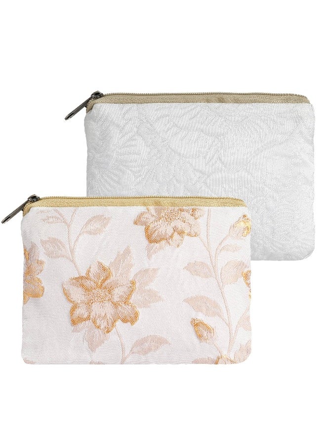 Floral Embroidery Makeup Bag Set - 2 Soft Cosmetic Pouches for Lipstick & Toiletries, Portable Zipper Organizers in White & Beige, Perfect for Purse & Travel
