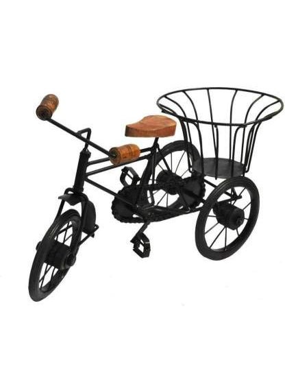 DELUX WOOD CARVER Delux Wood Carver Antique Wood and Wrought Iron Mini Flower Stand Cycle Vintage Bike Iron Vehicle Model Bicycle for Toy Gifts Showcase Display Home Desktop Decorwith Holder Back Side showpiece pack of 1