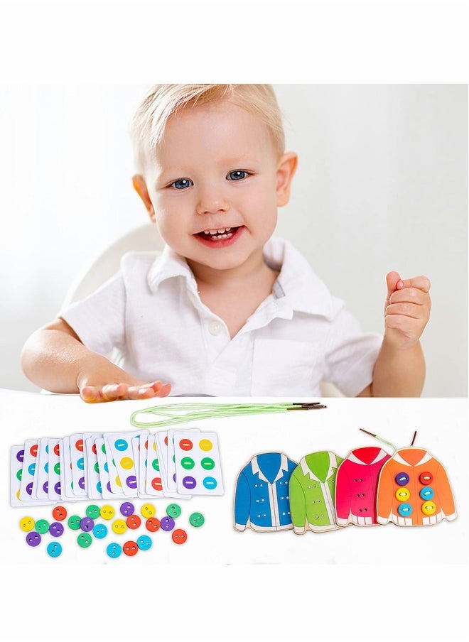 Clothes Lacing Toys, Wooden Toy Fine Motor Skill Threading Game for Kids Age 3 4 5 Years Toddler, Sewing Button Lacing Card Game, Preschool Early Development Educational Toy