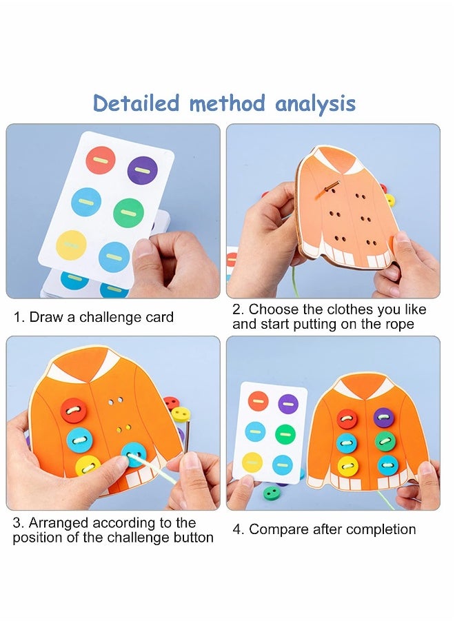 Clothes Lacing Toys, Wooden Toy Fine Motor Skill Threading Game for Kids Age 3 4 5 Years Toddler, Sewing Button Lacing Card Game, Preschool Early Development Educational Toy