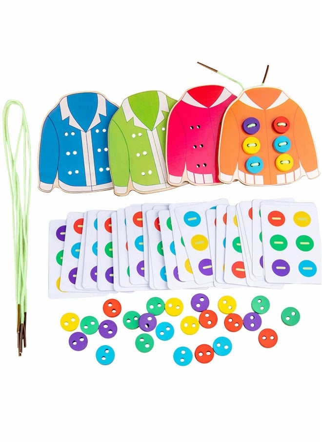 Clothes Lacing Toys, Wooden Toy Fine Motor Skill Threading Game for Kids Age 3 4 5 Years Toddler, Sewing Button Lacing Card Game, Preschool Early Development Educational Toy