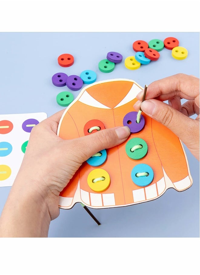 Clothes Lacing Toys, Wooden Toy Fine Motor Skill Threading Game for Kids Age 3 4 5 Years Toddler, Sewing Button Lacing Card Game, Preschool Early Development Educational Toy