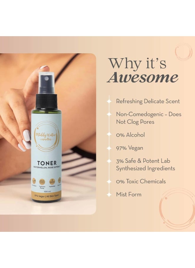 Water Alcohol Free Face Toner - 100ml | Helps In Tightens Pores, Hydrats Skin & pH Balanced | Enriched with Watermelon & Rose Extract Face Toner for Men & Women | All Skin Types