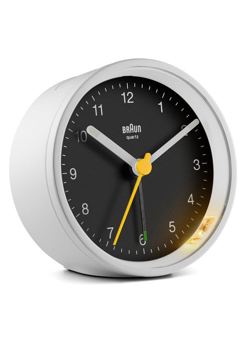 Braun clockBC12WB Classic Analogue Clock with Snooze and Light Quiet Quartz Movement Crescendo Beep Alarm in White and Black Model BC12WB usone Size