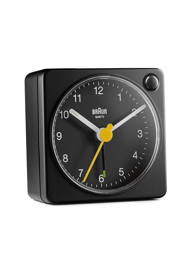 Braun Classic Travel Analogue Clock with Snooze and Light Compact Size Quiet Quartz Movement Crescendo Beep Alarm in Black Model BC02XB One