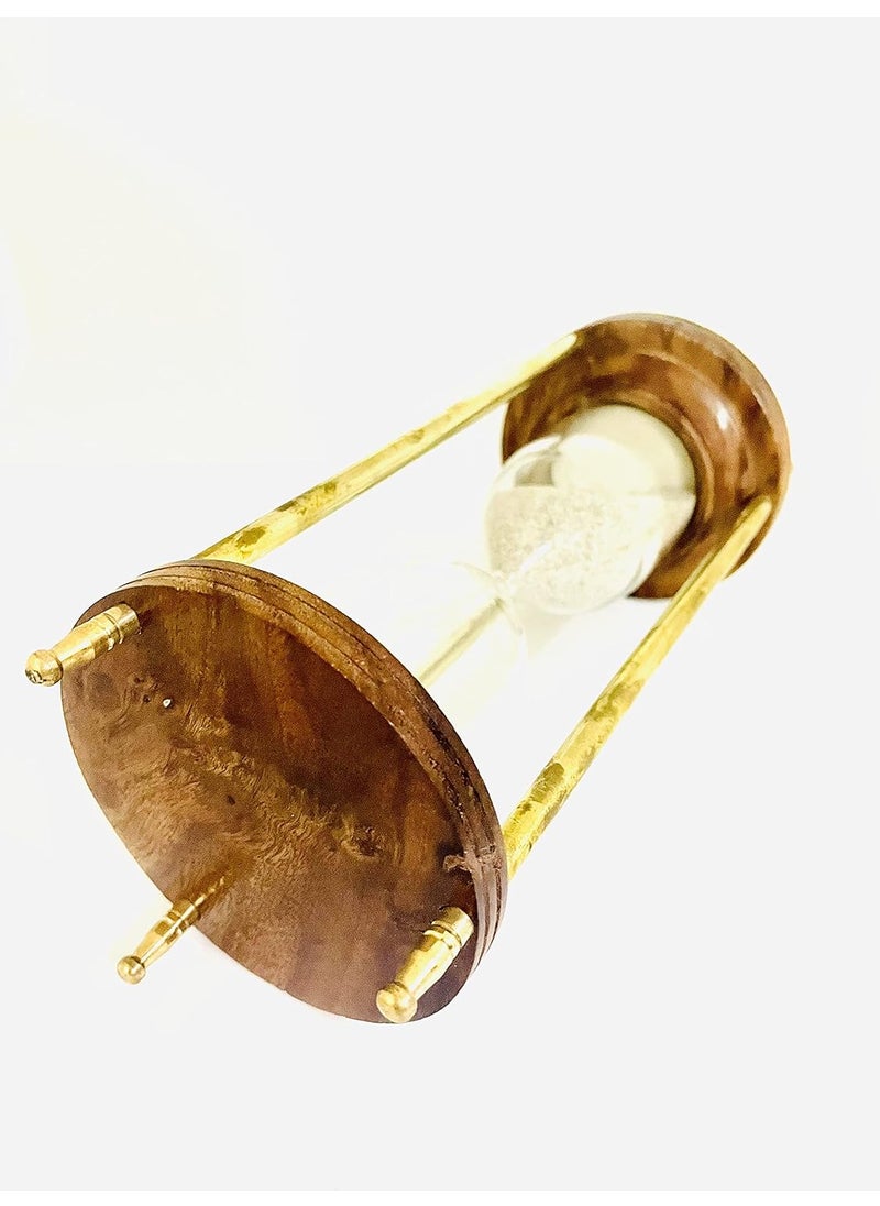 Royal Nautical Wooden and Brass Sand Timer Hour Glass Sand Glass Clock Ideal for Exercise Antique Nautical Decor Height 8 Inches 5 Minutes Figurine White and Brown 1 Piece