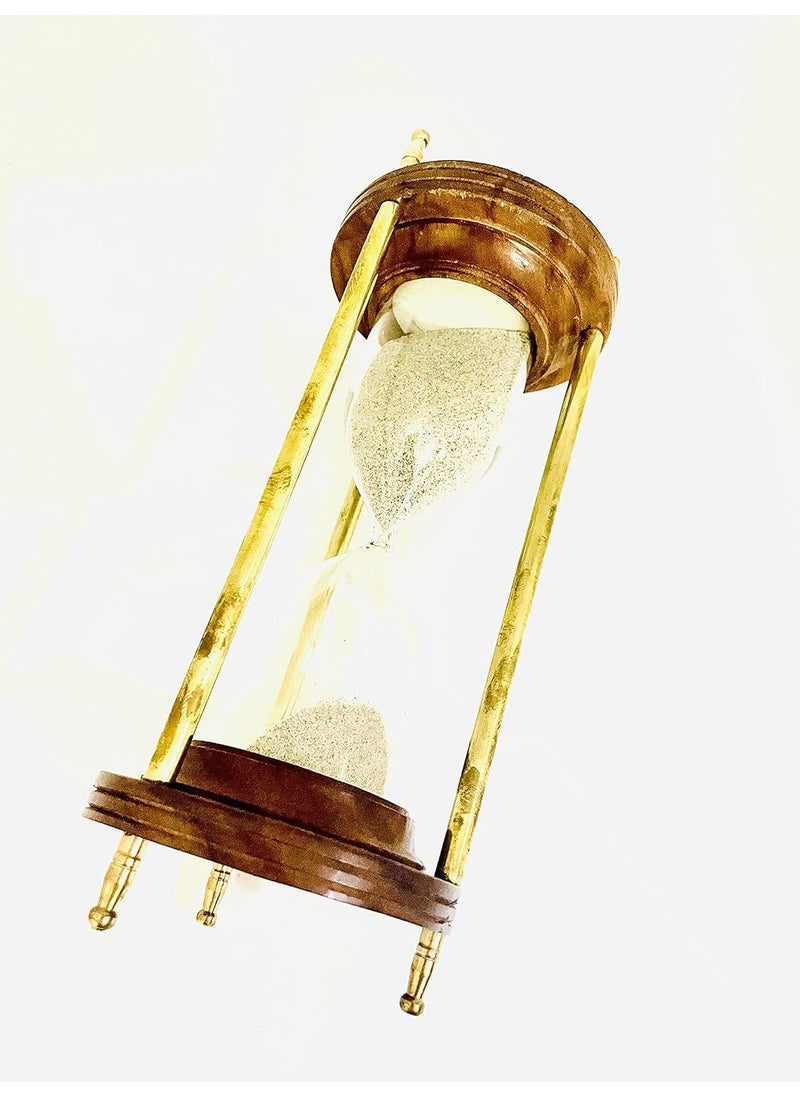 Royal Nautical Wooden and Brass Sand Timer Hour Glass Sand Glass Clock Ideal for Exercise Antique Nautical Decor Height 8 Inches 5 Minutes Figurine White and Brown 1 Piece