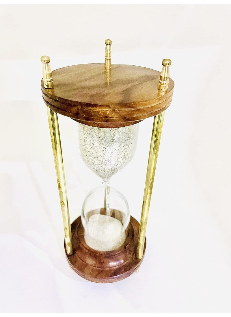 Royal Nautical Wooden and Brass Sand Timer Hour Glass Sand Glass Clock Ideal for Exercise Antique Nautical Decor Height 8 Inches 5 Minutes Figurine White and Brown 1 Piece