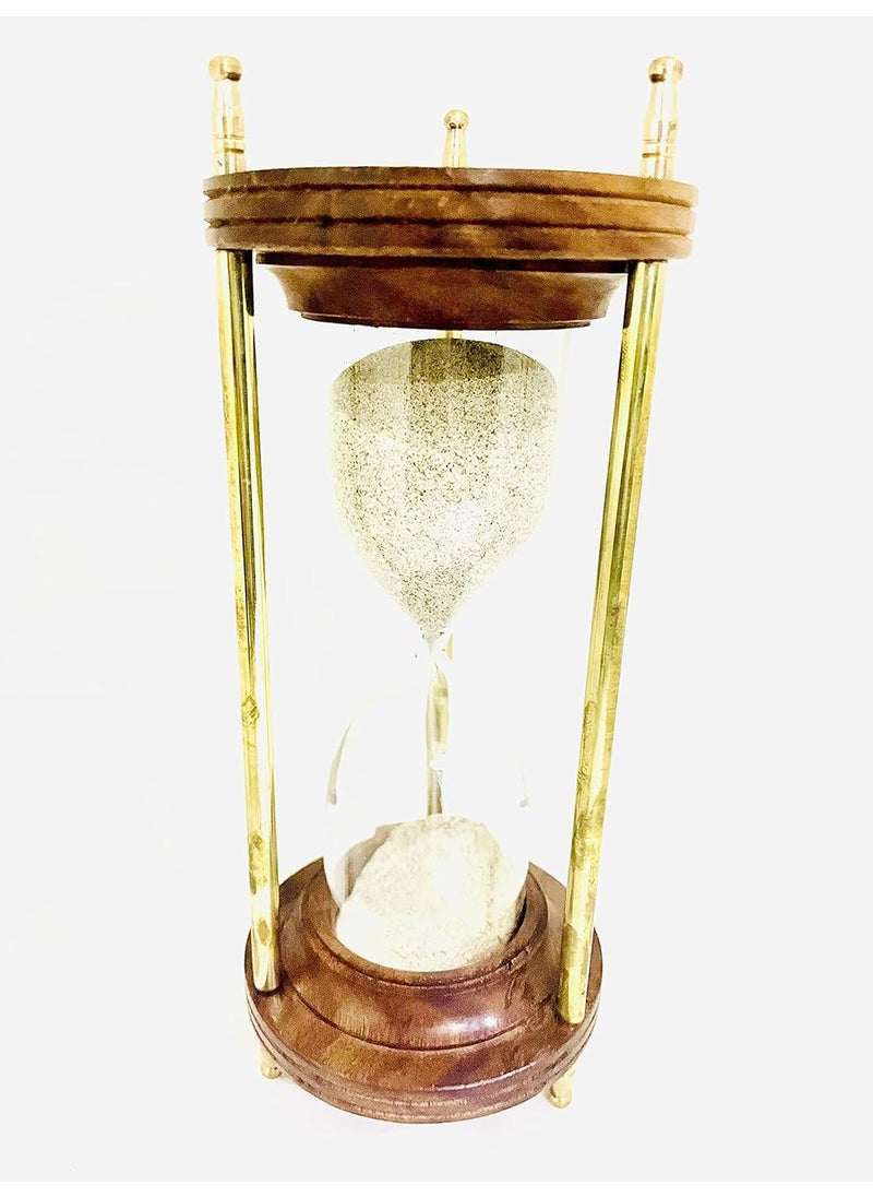 Royal Nautical Wooden and Brass Sand Timer Hour Glass Sand Glass Clock Ideal for Exercise Antique Nautical Decor Height 8 Inches 5 Minutes Figurine White and Brown 1 Piece