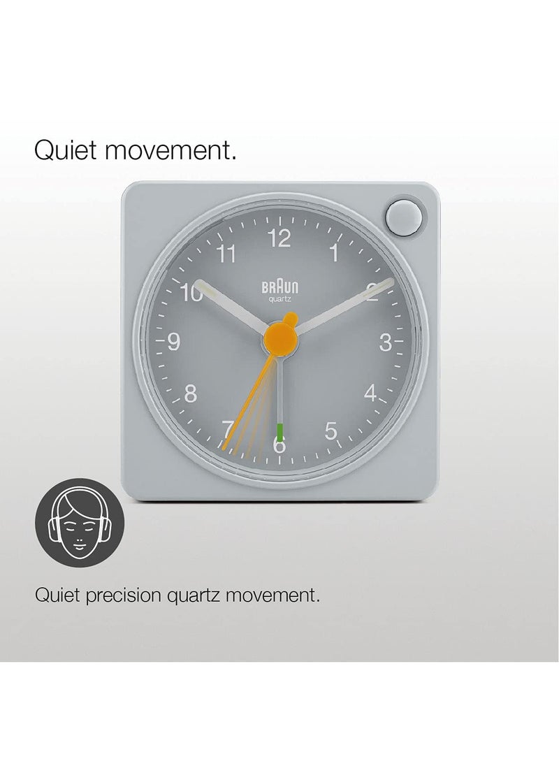 Braun Classic Travel Analogue Alarm Clock with Snooze and Light Compact Size Quiet Quartz Movement Crescendo Beep Alarm in Grey Model BC02XG