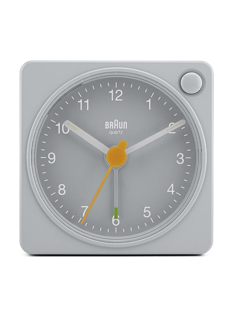 Braun Classic Travel Analogue Alarm Clock with Snooze and Light Compact Size Quiet Quartz Movement Crescendo Beep Alarm in Grey Model BC02XG