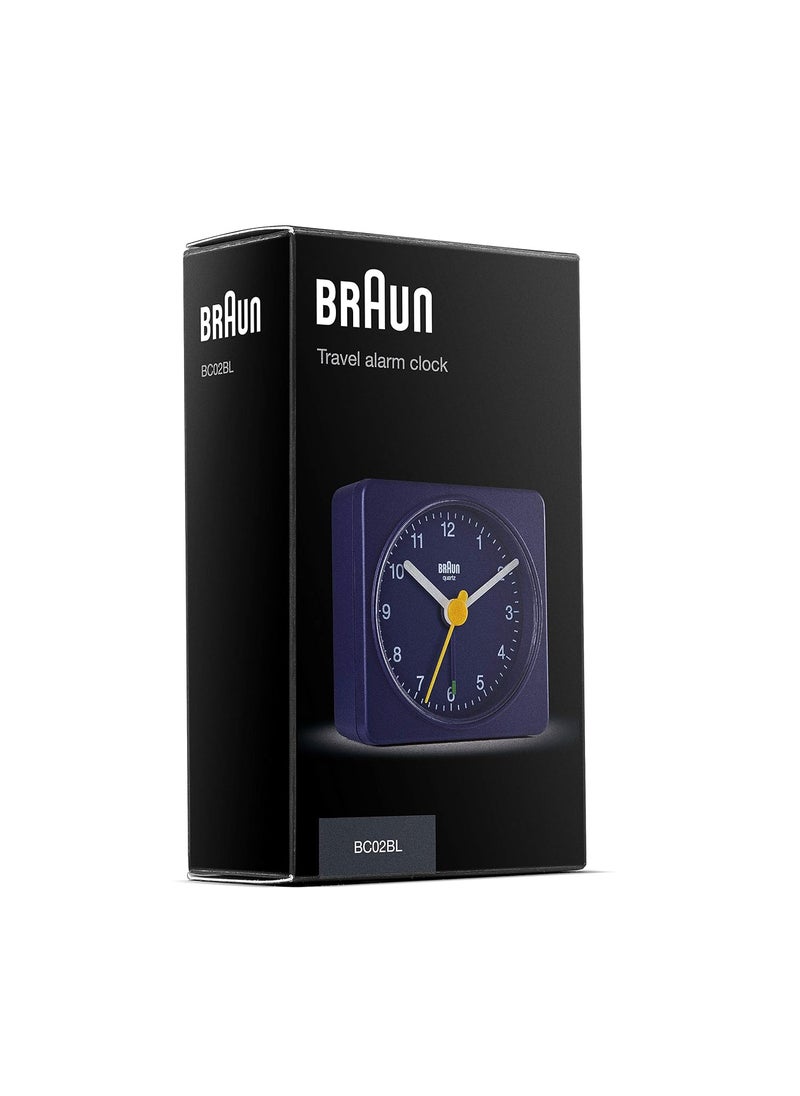 Braun Classic Travel Analogue Clock Compact Size Quiet Quartz Movement Crescendo Beep Alarm in Blue Model BC02BL One Blue One Size Classic