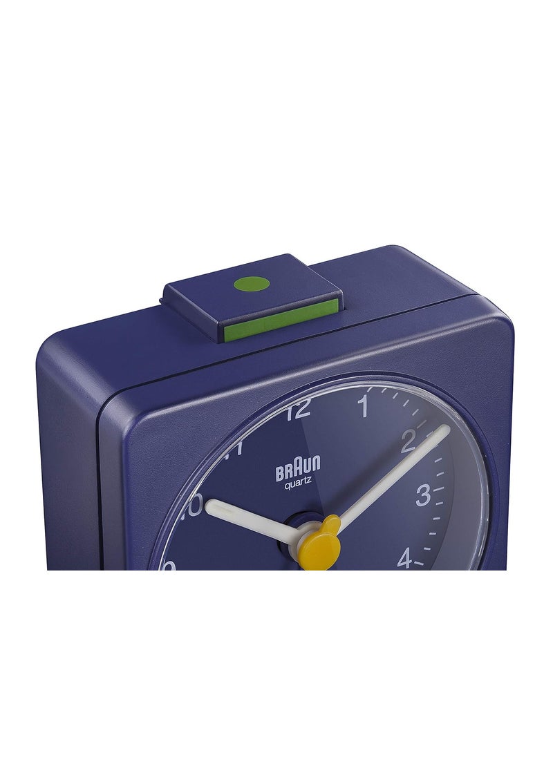 Braun Classic Travel Analogue Clock Compact Size Quiet Quartz Movement Crescendo Beep Alarm in Blue Model BC02BL One Blue One Size Classic