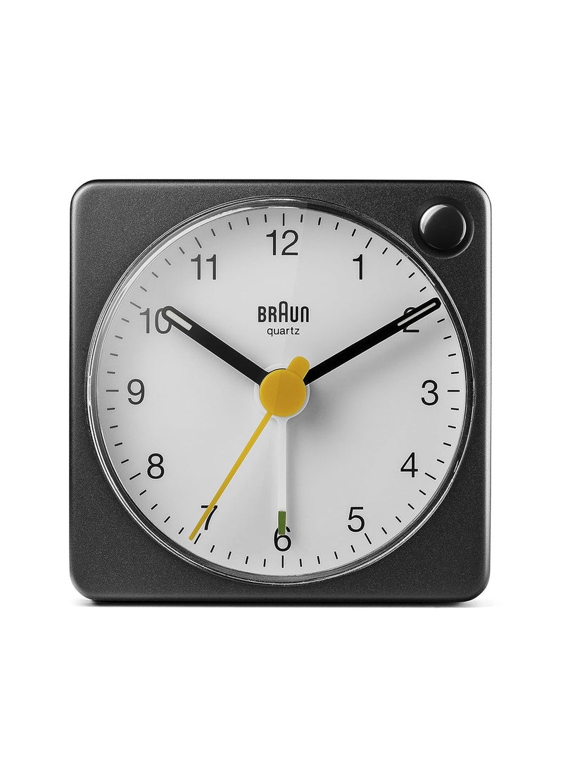 Braun Classic Analogue Travel Alarm Clock with Snooze Function and Light Compact Size Quiet Quartz Movement Crescendo Alarm Black and White Model BC02XBW
