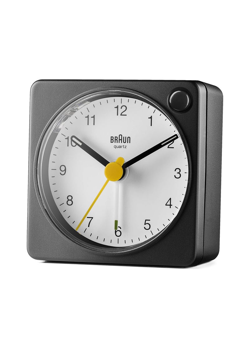 Braun Classic Analogue Travel Alarm Clock with Snooze Function and Light Compact Size Quiet Quartz Movement Crescendo Alarm Black and White Model BC02XBW