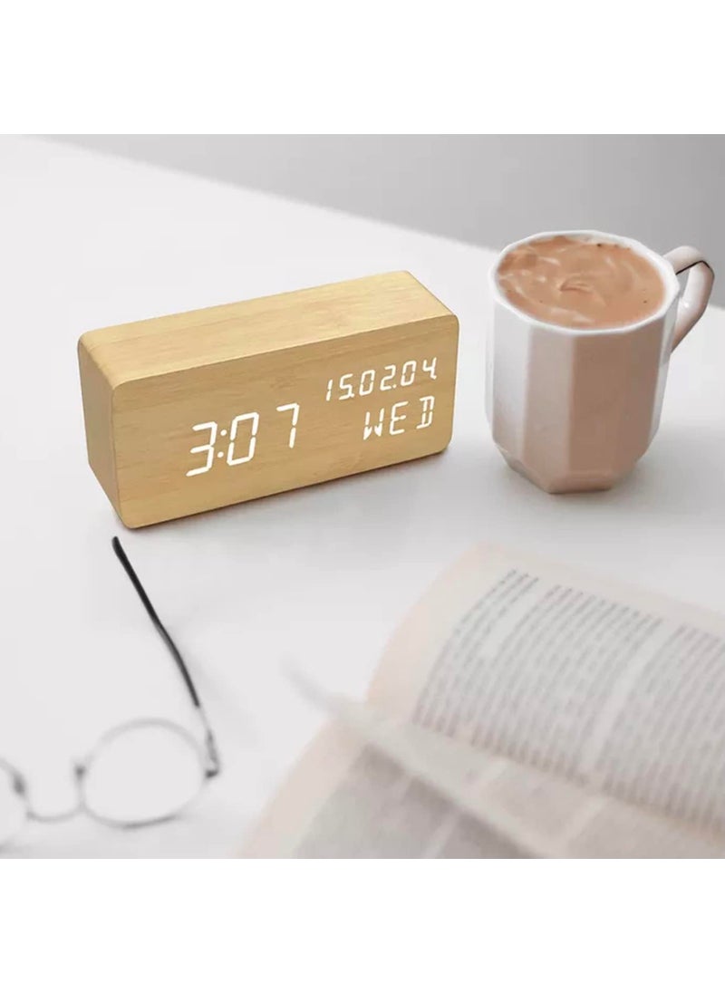 MBUYS MALL Wooden Digital Mini Cube Alarm Clock with Intelligent Induction LED Light Displays Time Date Temperature Day of The Week Temperature