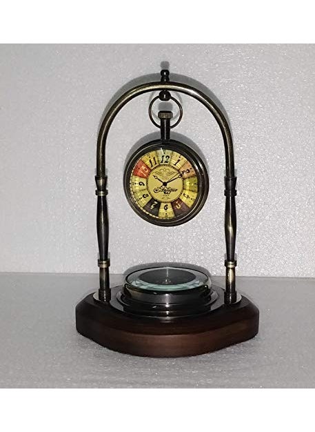 Castle Instruments Beautiful Antique Style Multicolour Brass Table Clock with Magnetic Compass with Wooden Base