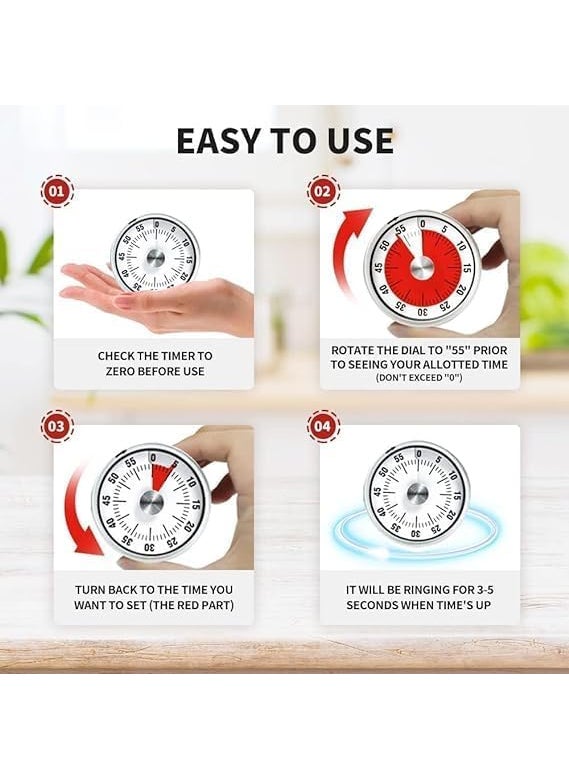 7Seas Time Reminder Alarm for Home and Office UsStopWatch Type 60 Minutes Time Visual Analog Timer for Competition PreparationStainless Steel Body with Magnetic Base Timer for Cooking and Baking