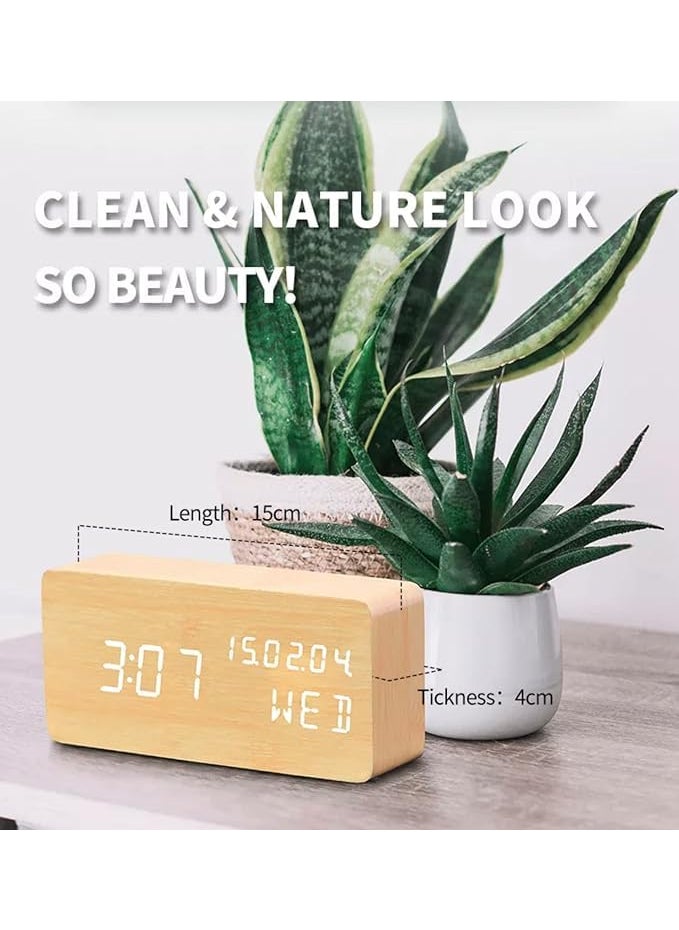 Shrevi Wooden Digital Mini Cube Alarm Clock with Intelligent Induction Wood LED Light Displays Time Date Temperature