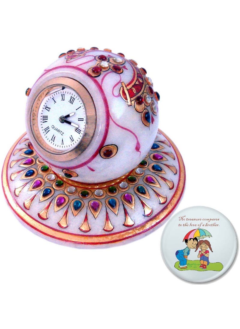 Little India Painted Handmade Round Marble Table Clock For Home Decoration With Fridge Magnet Design 2 Multicolor