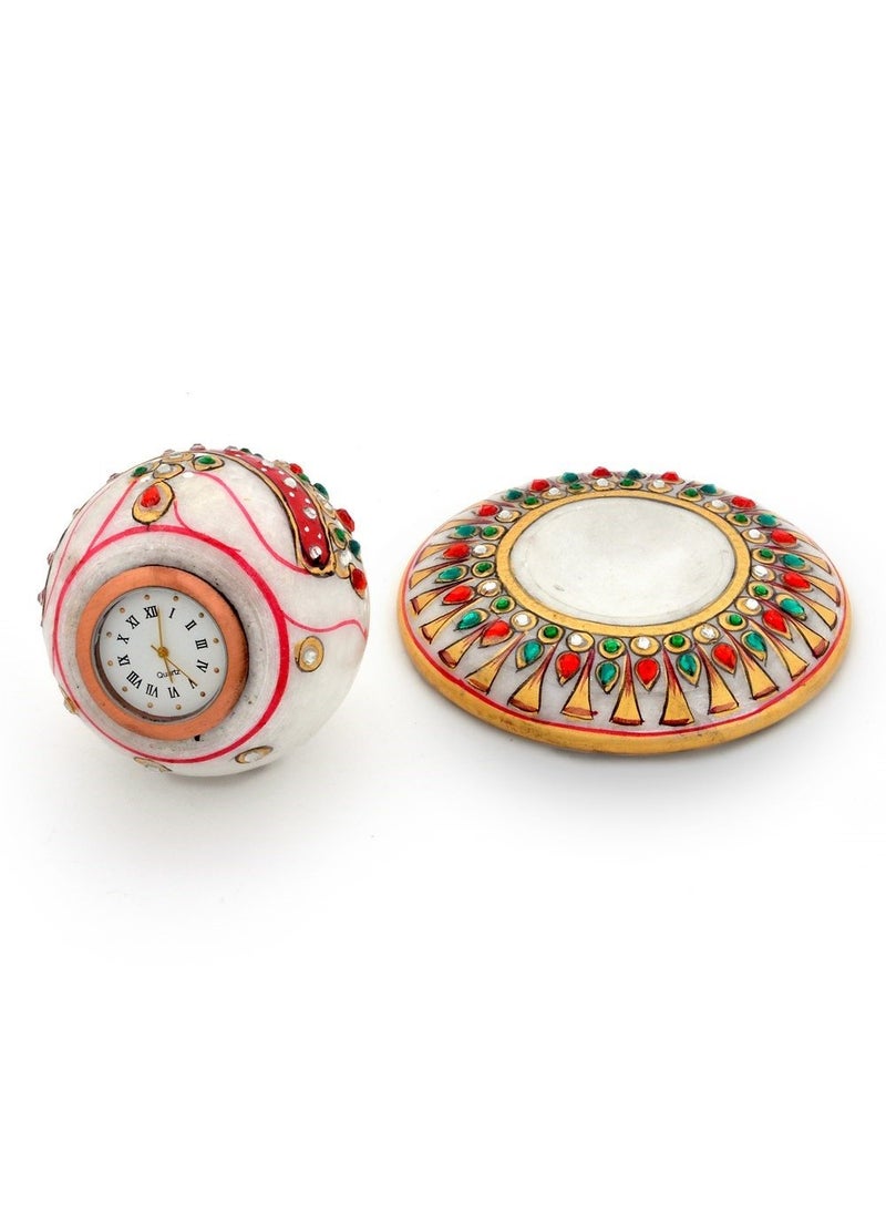 Little India Painted Handmade Round Marble Table Clock For Home Decoration With Fridge Magnet Design 2 Multicolor