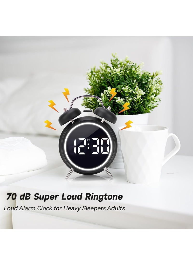 DROZIP Alarm Clock Rechargable Digital Alarm Clock Twin Bell Night Light Battery Operated Metal Alarm Clock Bedside Alarm Clock for People Who Sleep Hard Black