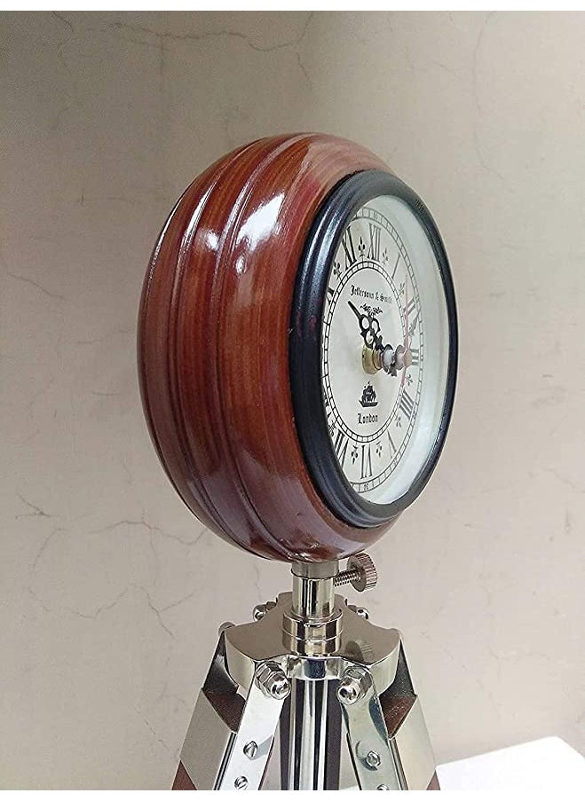 The Antiques Lab Table Clock Handmade Home Decor 5 inch Wooden Table Clock with Adjustable Tripod Stand Heavy Quality Color Brown Tripod 5 inch Clock for Home Office Brown 4