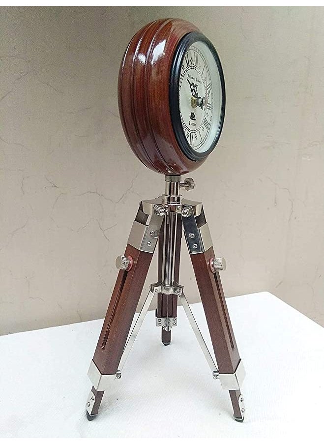 The Antiques Lab Table Clock Handmade Home Decor 5 inch Wooden Table Clock with Adjustable Tripod Stand Heavy Quality Color Brown Tripod 5 inch Clock for Home Office Brown 4