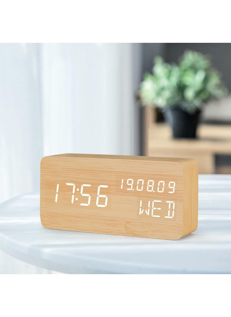 KRESHU Wooden Finishing Digital LED Alarm Clock 6 Inch Display USB Powered Snooze Temperature Table Watch Humidity Alarm Clock Perfect for Home Office Travel Warm Yellow 1Pcs