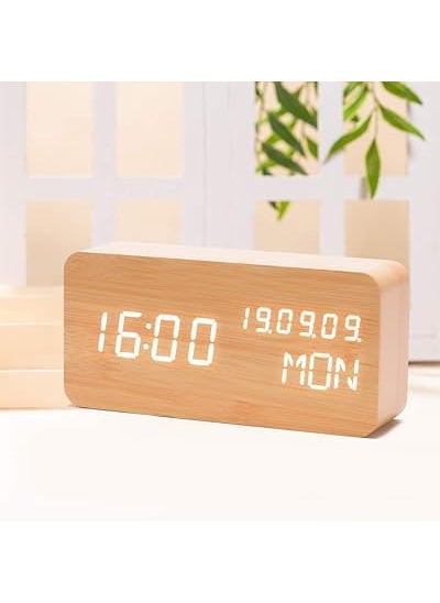 KRESHU Wooden Finishing Digital LED Alarm Clock 6 Inch Display USB Powered Snooze Temperature Table Watch Humidity Alarm Clock Perfect for Home Office Travel Warm Yellow 1Pcs