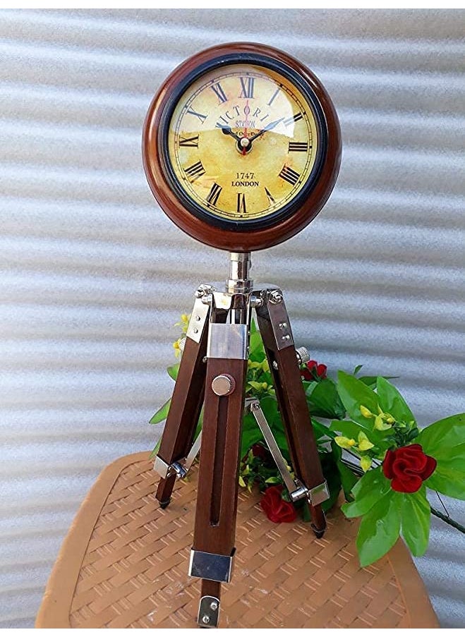 The Antiques Lab Table Clock Handmade Home Decor 5 inch Wooden Table Clock with Adjustable Tripod Stand Heavy Quality Color Brown Tripod 5 inch Clock for Home Office Brown 1